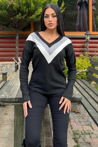 WeShaya Kadın Siyah Uzun Kollu V Yaka Color Block Pamuklu Bluz Sweatshirt Siyah