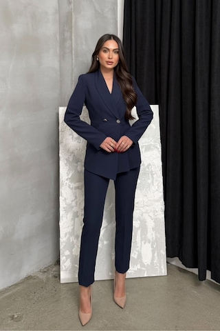 Msm Fashion Kadın İkili Blazer Ceket Pantolon Takım Pile Ve Düğme Detaylı Boru Paça Lacivert