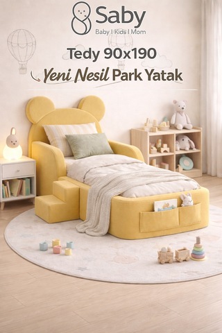 Saby Luxury Tedyy Baza Ve Başlıklı Montessori Full Sünger Yatak Seti - Sarı