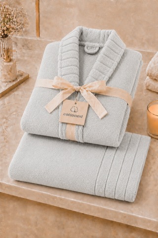 %100 Pamuk Bornoz Seti Unisex Yumuşak Dokulu Yüksek Su Emici Gri