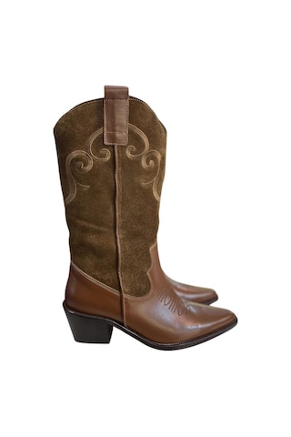Tufan Shoes Taba Hakiki Deri Ve Süet İşleme Detaylı Western Çizme Taba