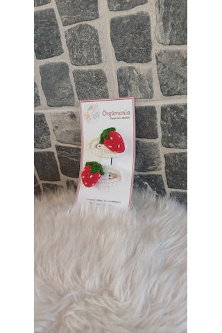 Örgümania Çilekli Çıtçıt Toka Çilek Toka El Örgüsü Toka Beyaz - Kırmızı