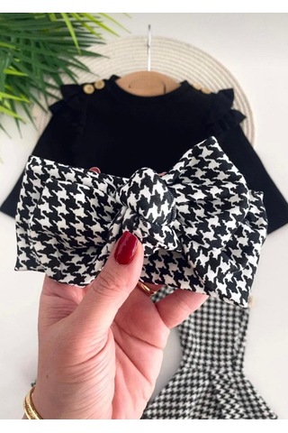 İspanyol Paça Kazayağı Desenli Kız Bebek Takım Ve Bandanası %100 Pamuk Ribana Omuz Fırfırlı Siyah - Beyaz