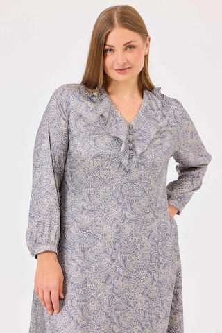 Galaxi Kadın Büyük Beden Desenli Fırfır Detaylı Elbise 4005 Mavi Mavi