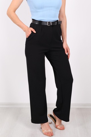 Ribana Classic Kemerli Bol Paça Kadın Krep Pantolon Siyah