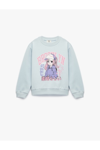 Koton Uzun Kollu Bisiklet Yaka Anime Baskılı Sweatshirt Mavi 7wkg10035ak