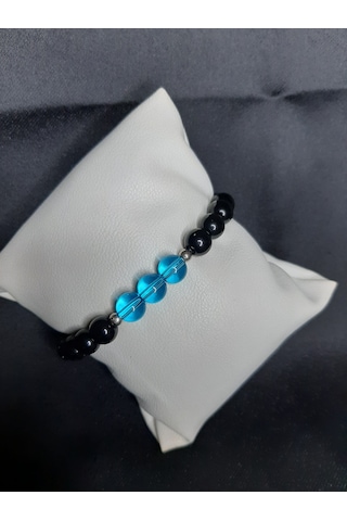Mryart Doğal Görünümlü Siyah & Mavi Cam Boncuklu El Yapımı Bileklik - Unisex Siyah - Mavi