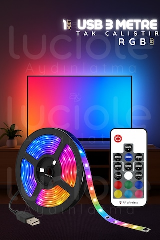 Rgb Şerit Led Işık 3 Metre Usb Girişli Kumandalı Ambiyans Lamba Tv Arkası & Lambader Alternatifi