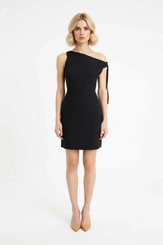 Benerly Kadın Asimetrik Yaka Kolsuz Mini Bodycon Esnek Dokuma Elbise Asta Siyah