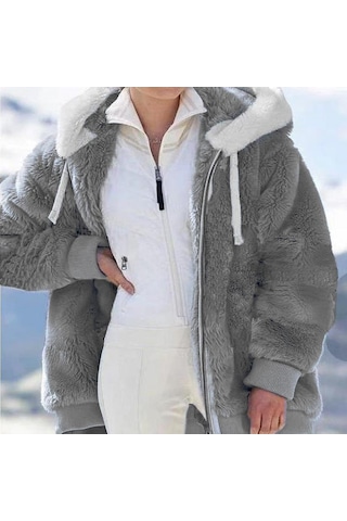 Avrupa Ve Amerika Birleşik Devletleri 2022 Sonbahar Ve Kış Sıcak Peluş Ve Fermuar Cep Kapşonlu Gevşek Ceket Kadın Ceket Koyu Gri
