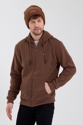Polostate Erkek Fermuarlı Kanguru Cep 3 İplik Sweatshirt Kahverengi