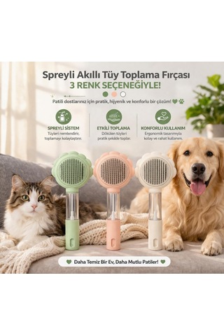 Tr Kedi Köpek Spreyli Tarak Toplama Fırçası - Su Hazneli Kendinden Temizlemeli Tarak - Paslanmaz Çelik Uçlu - Masa