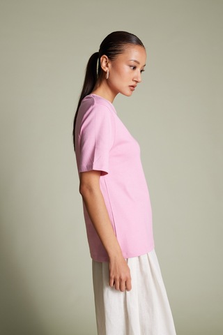 Pamuklu Kısa Kollu Kontrast Bisiklet Yaka T-shirt Pembe