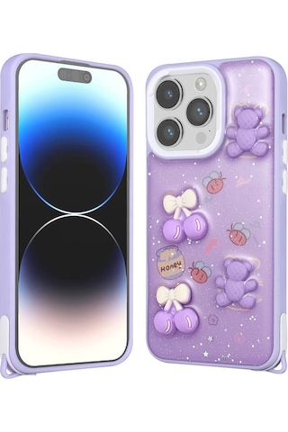 Nourthkiingdom Apple Uyumlu iPhone 14 Pro Kılıf Parlayan Simli Kabartma Figürlü Nrtk Cevze Kapak - Pembe Pembe