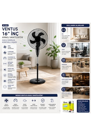Ev Tipi Ayaklı Vantilatör - 16 İnç 5 Pervaneli - 45w Açık Bej