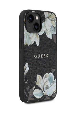 Apple Uyumlu iPhone 15 Kılıf Guess Lisanslı M-safe Özellikli Taneli Çiçek Tasarımlı Metal Yazı Logolu Kapak Siyah