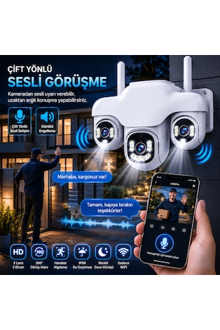3 Kameralı Ptz Wifi Güvenlik Kamerası 360 Uzaktan Kontrol, Gece Görüş, Hareket Takibi, Çift Yönlü Konuşma, Dış Mekan