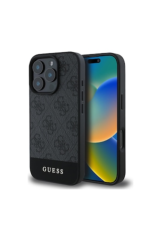 Apple Uyumlu iPhone 16 Pro Kılıf Guess Lisanslı Pu Deri Şerit Logo Dizaynlı Kapak Gri