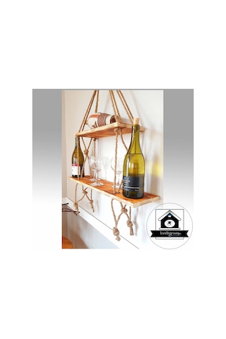 Raf - Walnut Masif Duvar Rafı - Jüt Raf - Kitaplık - Çiçeklik
