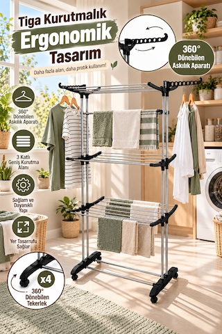 Perilla Tiga 3 Katlı Çamaşır Kurutma Askısı 20 M + Present Lux Ütü Masası 38x120 Cm İkili Set Çok Renkli