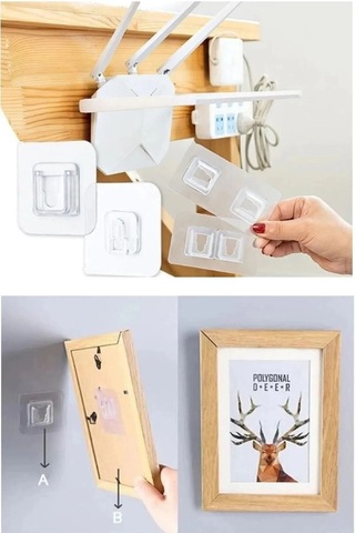 10'lu Set Çift Taraflı Yapışkanlı Geçmeli Klips Eşya Sabitleme Askısı Şeffaf Duvar Kancası Svrm Şeffaf