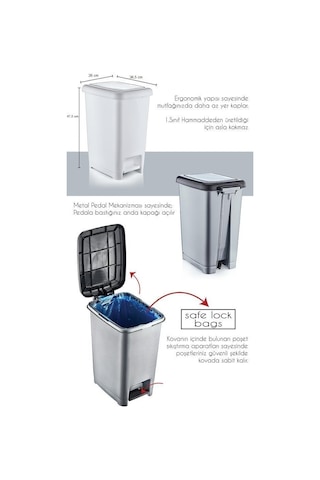 Omnipazar SY4282 Slim Pedallı Plastik Siyah Kapak Çöp Kovası 25 L Gri