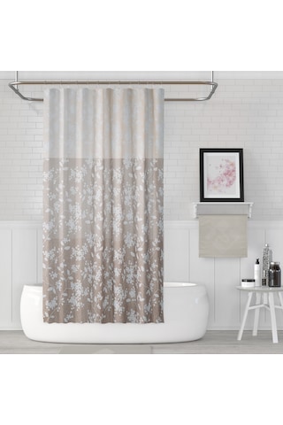 Çiçek Desenli Banyo Perdesi,120x200 CM Çift Kanat Duş Perdesi Kahverengi