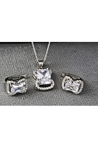 Lilahgümüştr Gümüş Beyaz Taşlı Baget Kadın Kolye Küpe