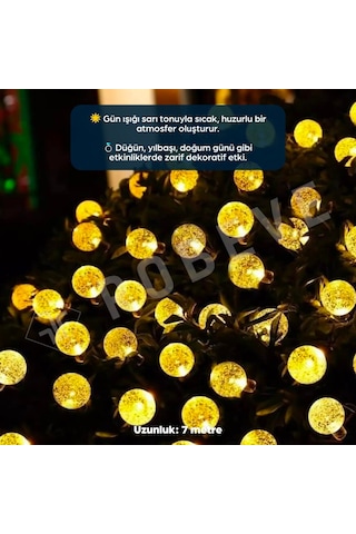 Robeve 7 Metre 50 Led Güneş Enerjili Kristal Küre Solar Bahçe Aydınlatma Dış Mekan Aydınlatma Güneş Enerjili Aydınlatma 8 Modlu, Ip65 Su Geçirmez, Otomatik Aç/kapa, Bahçe, Balkon Gün Işığı Sarı