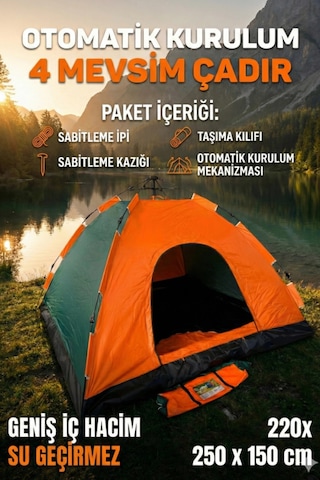 Özel Üretim Su Geçirmez Dayanıklı Pratik Otomatik Kurulumlu Kamp Çadırı 6 Kişilik 220x250x150cm Çok Renkli