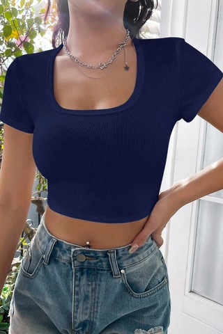 Angbutik Kadın Lacivert Yarım Kol Düz Yaka Crop Top Bluz
