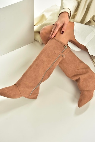 Fox Shoes V380526402 Taba Süet Düz Taban Fermuar Detaylı Kadın Çizme Taba