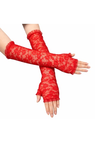 Savarga Uzun Zarif Dantel Eldiven Parmaksız Kırmızı 35 Cm 4801