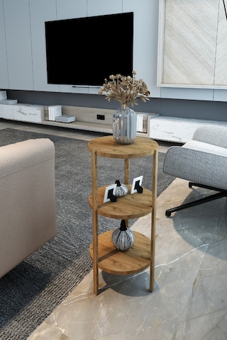 Atlantik Çam 3 Raflı Yuvarlak Tasarım Yan Sehpa - Modern Sunum Standı Ahşap