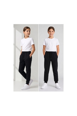 Erdem Kıds Unisex Kız Erkek Çocuk Beli Paçası Lastikli Fermuar Cepli Okul İki İplik Eşofman Altı Pantolon Siyah Siyah