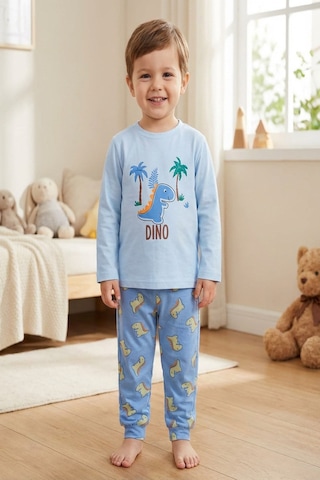 Aden Kids Pamuk Çocuk Uzun Kollu İnce Pijama Takımı Mavi - Yeşil
