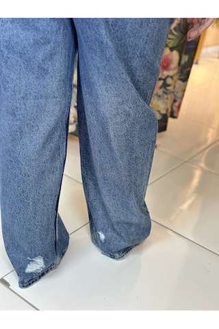 Quzu Paçası Yırtık Denim Pantolon Mavi Mavi