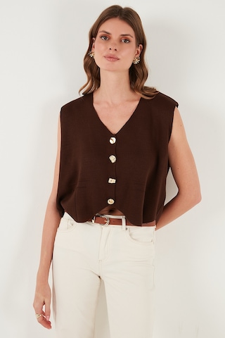 Lela Standart Fit V Yaka Düğmeli Triko Bayan Yelek 4616177 Kahve