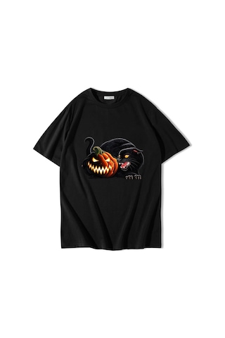 Brz Collectıon Brz Collection Unisex Oversize Halloween Pumpkin Black Cat T-shirt Siyah