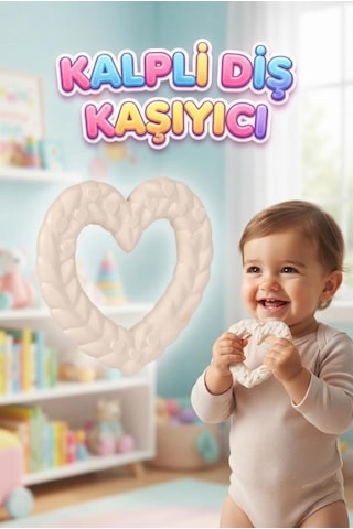 Kalp Şekilli Esnek Bpa İçermeyen Kabartılı Pastel Renkli Oyuncak Bebek Diş Kaşıyıcısı Krem