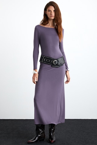 Krızıa Kadın Viskon Likralı Sırt Dekolteli Eteği Geniş Maxi Mürdüm Elbise