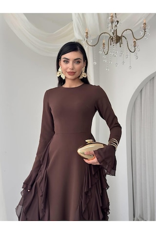 Nils Butik Fırfır Detaylı Abiye Elbise Kahverengi