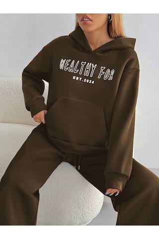 Macklin Unisex Kadın Erkek Healty For Baskılı Oversize 3 İplik Kapüşonlu Sweatshirt Ve Baggy Eşofman Altı Kahverengi