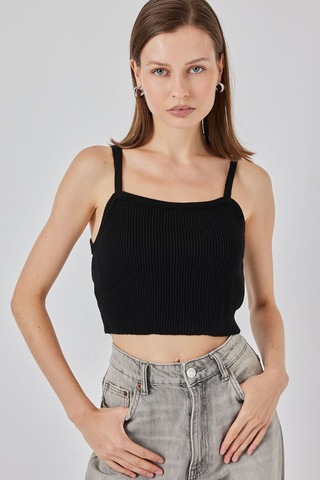 Hiccup Bdart Kare Yaka Ribana Örgü Crop Top Siyah