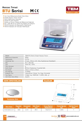 Tem Btu 600 Gr 0,01 Gr Hassas Onaylı Eczane Terazisi