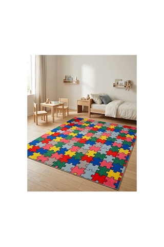Renkli Puzzle Desenli Çocuk Odası Halısı Kaymaz Taban Eğlenceli Oyun Halısı Çok Renkli