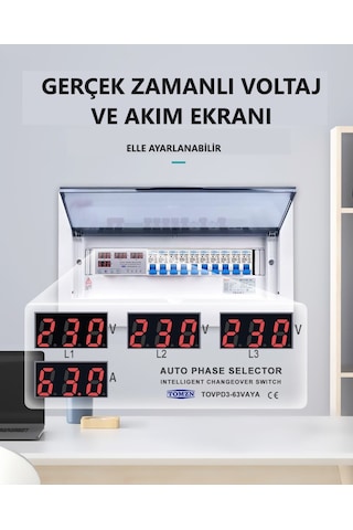 Tomzn 220V 63A Otomatik Faz Seçici Yüksek Alçak Voltaj Akım Koruma Gerilim Koruyucu Röle