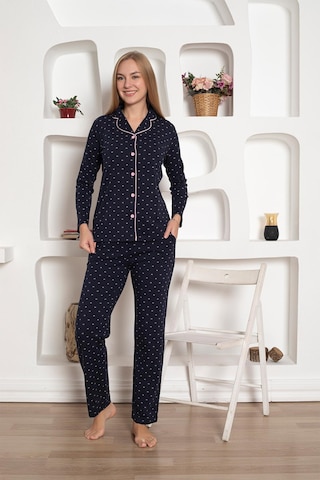 Boydan Düğmeli Gömlek Yaka Uzun Kol Kadın Pijama Takımı - Desenli Pamuklu Likralı Penye Cepli Alt Lacivert