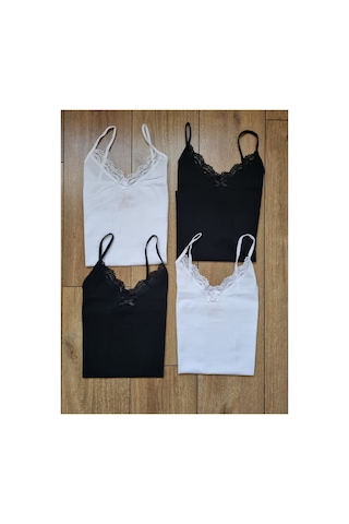 Demirsa Boutique Kadın 4'lü Paket Dantelli Pamuklu İp Askılı Atlet Siyah, Beyaz Siyah3