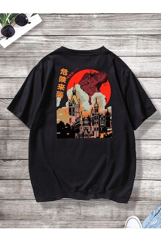 Erkek Siyah Oversize Japanese Dinazor Baskılı T-shirt Koyu Siyah-102046